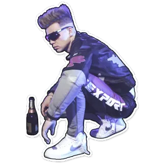 🍾 orang, jongkok, kacamata hitam, botol, kasual, gaya hidup, mode whatsapp sticker