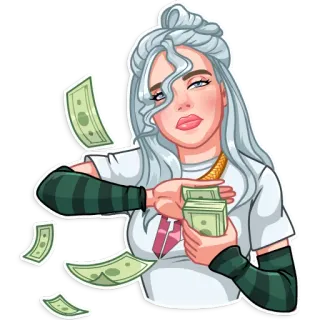 🤑 kobieta, pieniądze, kreskówka, portret, bogactwo, gotówka, chciwość telegram sticker