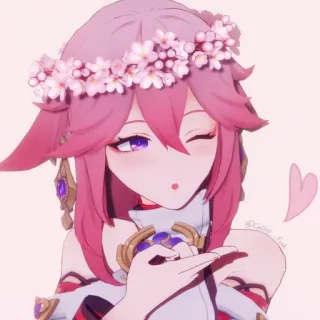 🌸 Yae Miko Genshin Impact animé, Genshin Impact, Yae Miko, jeu vidéo, couronne de fleurs, cheveux roses, clin d'oeil whatsapp sticker