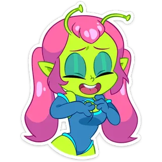 😄 Alien, Desenho animado, Garota, Cabelo rosa, Pele verde telegram sticker