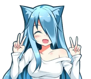 ☺️ Anime, Ragazza gatto, Kawaii, Segno di pace, Capelli blu, Ragazza, Cartone animato telegram sticker