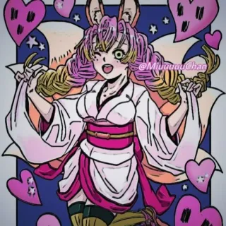🍡 Mitsuri Kanroji Demon Slayer @MiuuuuChan anime, fanart, mitsuri kanroji, demon slayer, hearts, fox ears, character, drawing telegram sticker