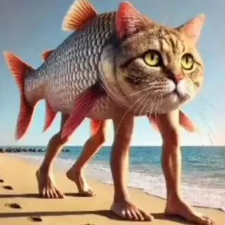 🤩 кот, рыба, человеческие ноги, гибрид, пляж, фэнтези, животное telegram sticker