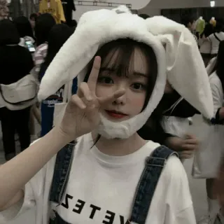 ☘ girl, bunny, cute, peace sign, woman, hat telegram sticker