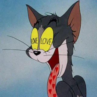 😾 Tom Cat Tom and Jerry LOVE LOVE мультфильм, кот, любовь, сердечки, глаза, желтый, язык telegram sticker