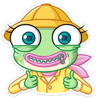 👍 лягушка, животное, мультфильм, большой палец вверх, рот на молнии, глупый, персонаж telegram sticker