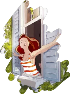👋 женщина, окно, рыжие волосы, полоски, эскиз, девушка, мультфильм telegram sticker