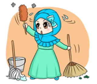 😮 sprzątanie, hidżab, mop, miotła, prace domowe, kreskówka telegram sticker