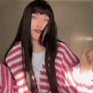 🤙 woman, call me, gesture, striped cardigan, long black hair, communication, social media, reaction telegram sticker