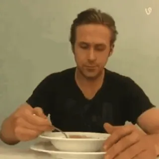 🌟 Ryan Gosling 男人, 吃, 汤, 瑞恩·高斯林, 桌子 whatsapp sticker