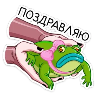 🐸 ПОЗДРАВЛЯЮ frog, hands, bow, cartoon, greeting telegram sticker