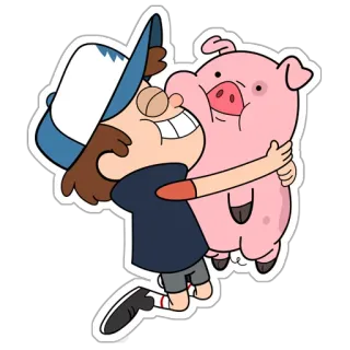 😊 Dipper Pines Gravity Falls cartoon, pig, friendship, hugging, Dipper Pines, Waddles, Gravity Falls telegram sticker