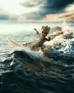 🌴 Groot Guardians of the Galaxy Groot, Lướt sóng, Sóng, Bãi biển, Đại dương, Vệ binh dải Ngân Hà, Marvel telegram sticker