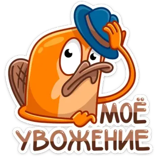 🤝 МОЁ УВАЖЕНИЕ dziobak, kreskówka, kapelusz, rosyjski tekst, szacunek, postać telegram sticker