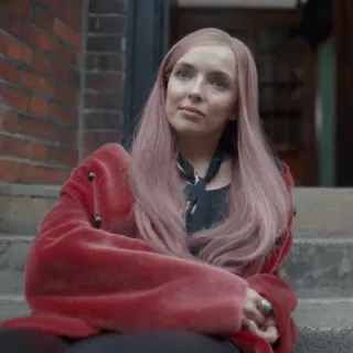 🌙 Frau, pinke Haare, rote Jacke, Porträt, Mode telegram sticker