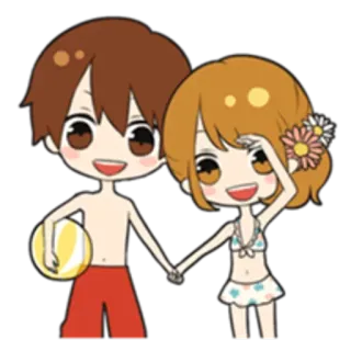 👙 praia, verão, casal, desenho animado, chibi, fofo, biquíni, fato de banho, bola de praia whatsapp sticker