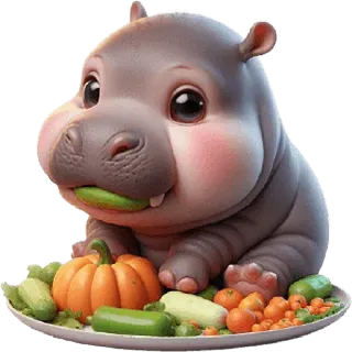 🍴 하마, 귀여운, 동물, 채소, 만화, 카와이, 디지털 아트 telegram sticker