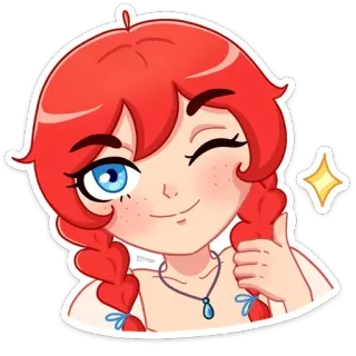 😉 เด็กผู้หญิง, การ์ตูน, ผมแดง, ถักเปีย, ขยิบตา, น่ารัก, คิดบวก whatsapp sticker