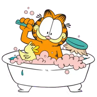 🛀 Garfield cat, bath, rubber duck, cartoon, bubbles, cute whatsapp sticker