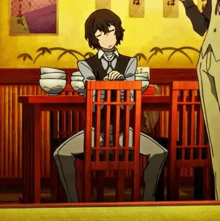 🕴 Dazai Osamu Bungou Stray Dogs Anime, Manga, Dazai, Bungou Stray Dogs, Charakter, Sitzend, Restaurant whatsapp sticker