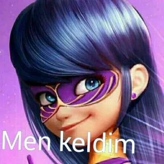 😘 Men keldim cartoon character, purple mask, woman, anime style whatsapp sticker