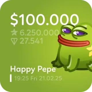 🐸 Pepe $100.000
6.250.000
27.541
Happy Pepe
19:25 Fri 21.02.25 Meme, Frosch, Pepe der Frosch, Fröhlicher Pepe telegram sticker