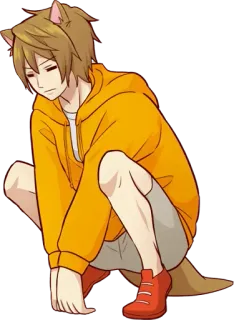 🐱 Anime, Neko garçon, Sweat à capuche, Oreilles, Queue, Accroupi telegram sticker