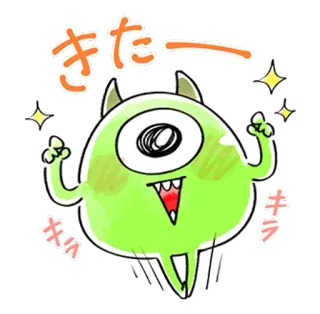 🐰 きたー 괴물, 귀여운, 카와이, 외눈, 만화, 반짝이, 초록 telegram sticker