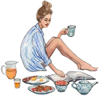🍵 femme, petit déjeuner, lecture, café, nourriture, détente, matin telegram sticker