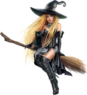 😈 bruja, gato, escoba, magia, halloween, fantasía, mujer telegram sticker
