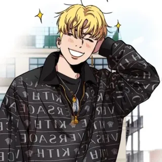 🌟 uomo, anime, personaggio, biondo, sorridente, gioielli, kith, versace telegram sticker