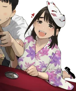 😍 Аниме, Юката, Маска, Цветы, Счастливый, Пара telegram sticker
