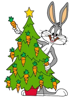 🎄 Bugs Bunny dibujos animados, conejo, árbol de Navidad, zanahorias, fiesta telegram sticker