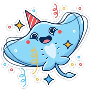 🥳 가오리, 파티, 축하, 동물, 바다 생물, 만화, 귀여운, 파티 모자 telegram sticker