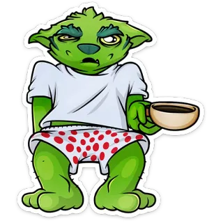 ☕️ Desenho animado, Monstro verde, Café, Sonolento, Pijama, Preguiçoso, Cansado whatsapp sticker