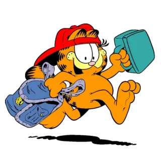 🎒 Garfield cartoon, cat, garfield, orange, lunch box, backpack whatsapp sticker