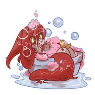 🤩 Badewanne, Seifenblasen, Quietscheente, niedlich, Cartoon, Mädchen, rote Haare, Baden telegram sticker