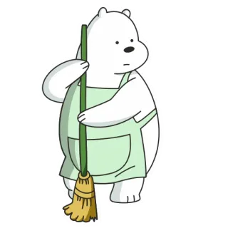 🧹 Ice Bear We Bare Bears oso polar, dibujos animados, delantal, escoba, limpieza telegram sticker