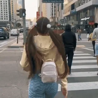 🚶 girl, street, crosswalk, long hair, backpack, city, walking, outdoors telegram sticker