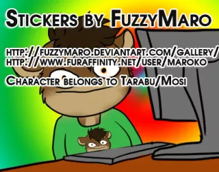 🙀 STICKERS BY FuzzyMaro
http://fuzzyMaro.deviantart.com/gallery/
http://www.furaffinity.net/user/MAROKO
CHARACTER BELONGS TO TARABU/MOSI Furry, Cartoon, Anthropomorphe, Animal, Autocollant, Dessin whatsapp sticker