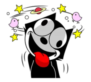 🍇 Felix the Cat kreskówka, kot, oszołomiony, gwiazdy, ptaki, planeta, klasyczna kreskówka telegram sticker