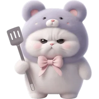 🧑‍🍳 gato, lindo, animal, dibujo animado, pegatina, disfraz de oso, espátula, divertido telegram sticker