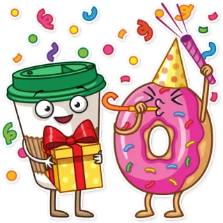🎉 bánh donut, cà phê, tiệc, lễ kỷ niệm, phim hoạt hình, đồ ăn telegram sticker