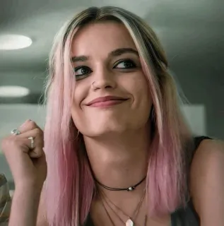 🧊 Maeve Wiley Sex Education Maeve Wiley, Sex Education, Porträt, pinke Haare, Grinsen whatsapp sticker