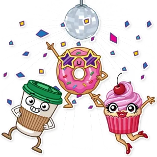 🕺 bánh donut, bánh cupcake, cà phê, nhảy múa, hoạt hình, quả cầu disco, đồ ăn, món tráng miệng telegram sticker