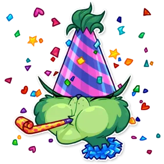 🥳 fiesta, celebración, gorro de fiesta, confeti, mono, dibujos animados, festivo, divertido whatsapp sticker