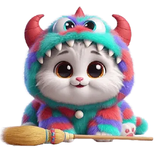 🧹 kot, kociak, słodki, zwierzę, kreskówka, potwór, kostium, miotła telegram sticker