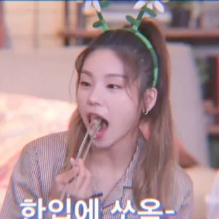 🐧 하입에 쏘옥- mulher, comendo, coreano, hashi, coroa de flores, pijama telegram sticker