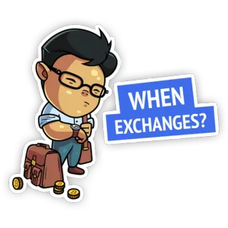 🏦 WHEN EXCHANGES? finanza, criptovaluta, soldi, affari, cartone animato, scambio, domanda telegram sticker