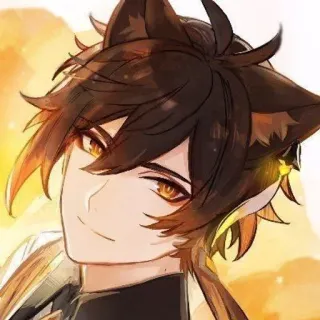 🍵 Zhongli Genshin Impact Anime, Genshin Impact, Zhongli, brązowe włosy, uszy lisa, lis, pomarańczowe oczy, gra wideo, postać telegram sticker